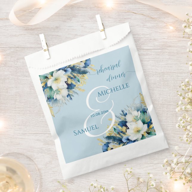 Dusty Blue Gold Glitzer Floral Probe Dinner Geschenktütchen (Ausgeschnitten)
