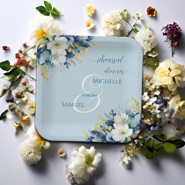 Dusty Blue Gold Glitzer Floral Probe Dinner Pappteller (Von Creator hochgeladen)