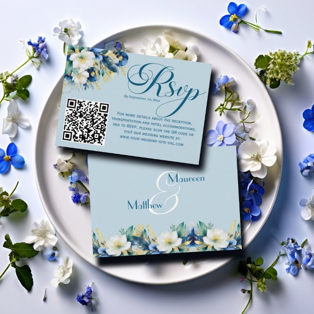 Dusty Blue Gold Glitzer Floral QR Code RSVP Card (Von Creator hochgeladen)