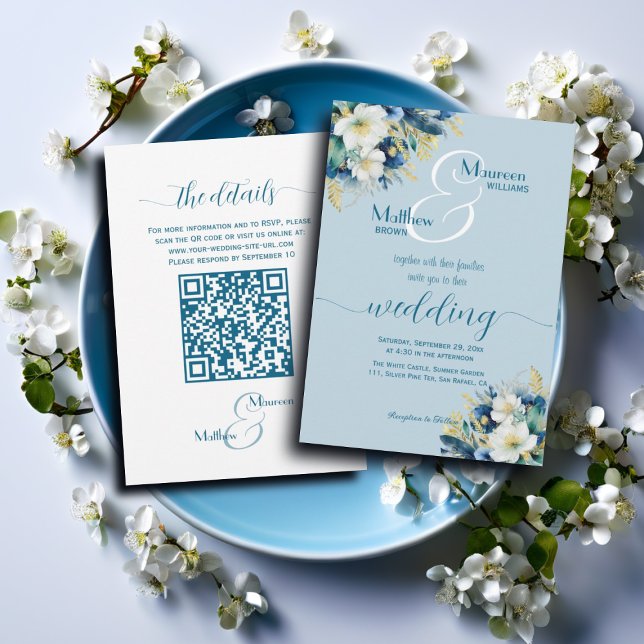 Dusty Blue Gold Glitzer Floral QR Code Wedding Einladung (Von Creator hochgeladen)
