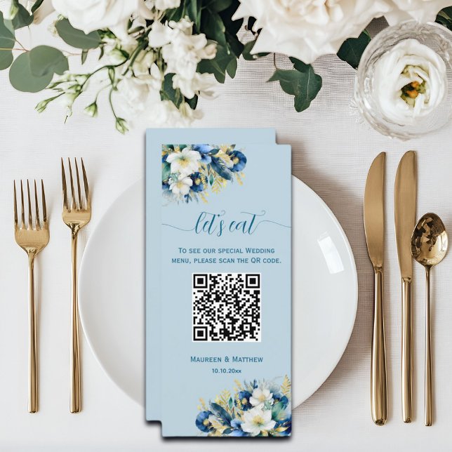 Dusty Blue Gold Glitzer Floral QR Code Wedding Menükarte (Von Creator hochgeladen)