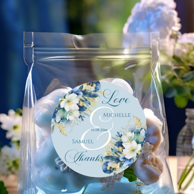 Dusty Blue Gold Glitzer Floral Wedding Runder Aufkleber (Von Creator hochgeladen)