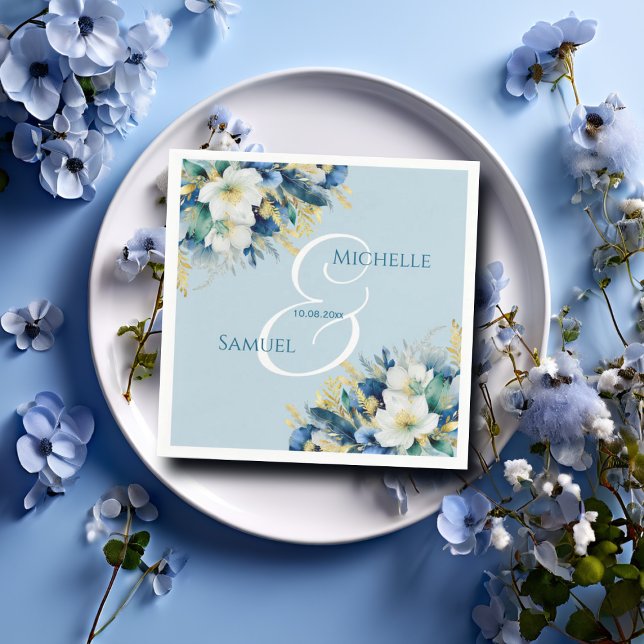 Dusty Blue Gold Glitzer Floral Wedding Serviette (Von Creator hochgeladen)