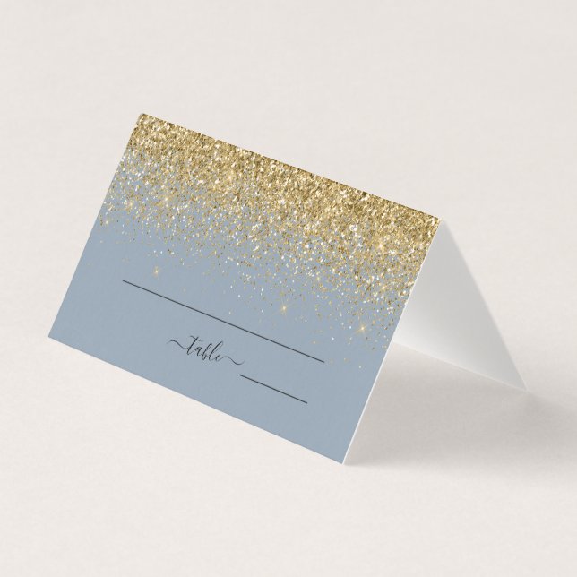Dusty Blue & Gold Glitzer Wedding Platzkarte (Vorderseite)