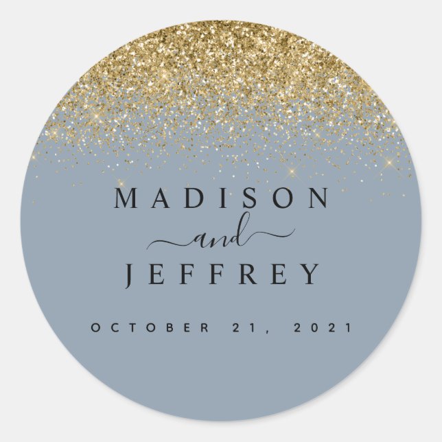 Dusty Blue & Gold Glitzer Wedding Runder Aufkleber (Vorderseite)