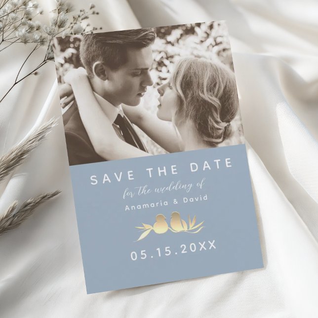Dusty Blue Gold Lovebirds Photo Save The Date (Von Creator hochgeladen)