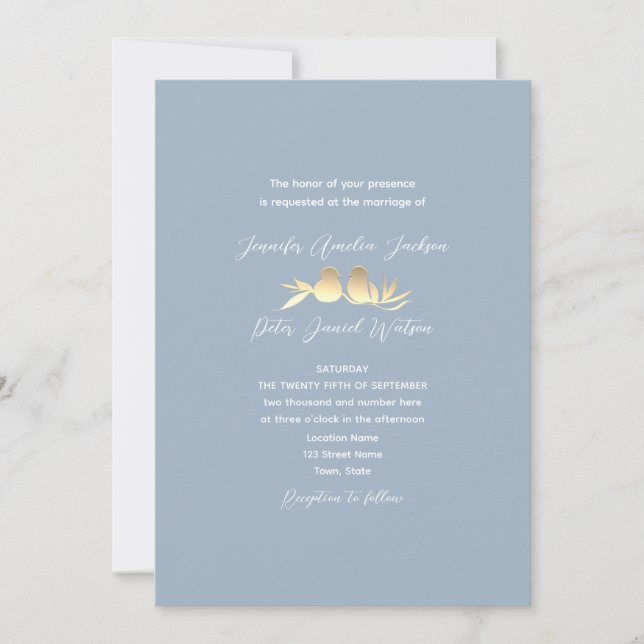 Dusty Blue Gold Lovebirds Wedding Einladung (Vorderseite)