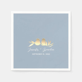 Dusty Blue Gold Lovebirds Wedding Serviette