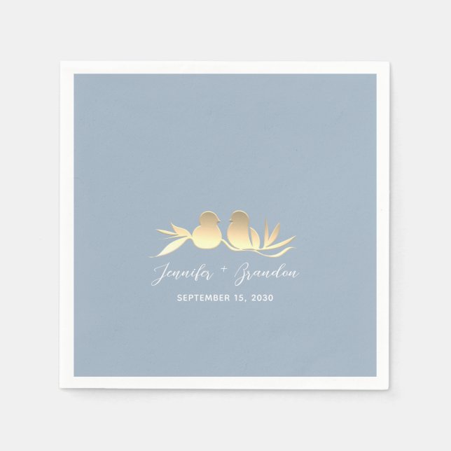 Dusty Blue Gold Lovebirds Wedding Serviette (Vorderseite)