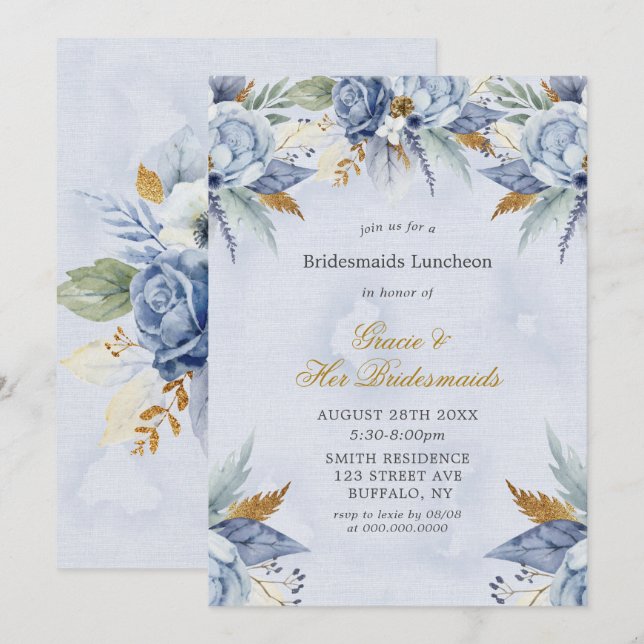 Dusty Blue Gold Peony Bridesmaids Luncheon Invites (Vorne/Hinten)