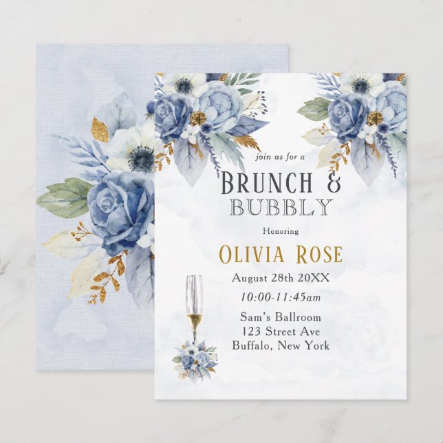 Dusty Blue Gold Peony Chic Brunch & Bubbly Einladu Einladung (Vorne/Hinten)