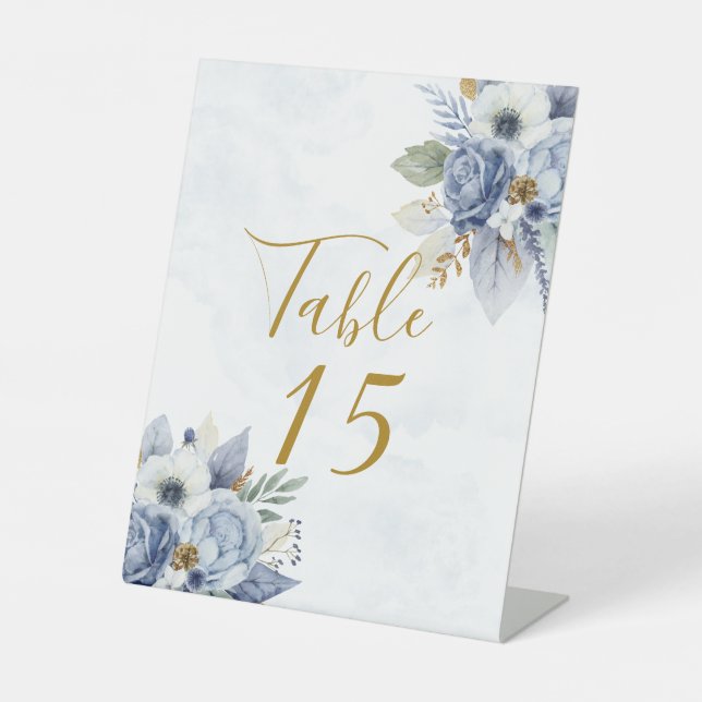 Dusty Blue Gold Peony Wedding Tischnummer Sockelschild (Vorderseite)