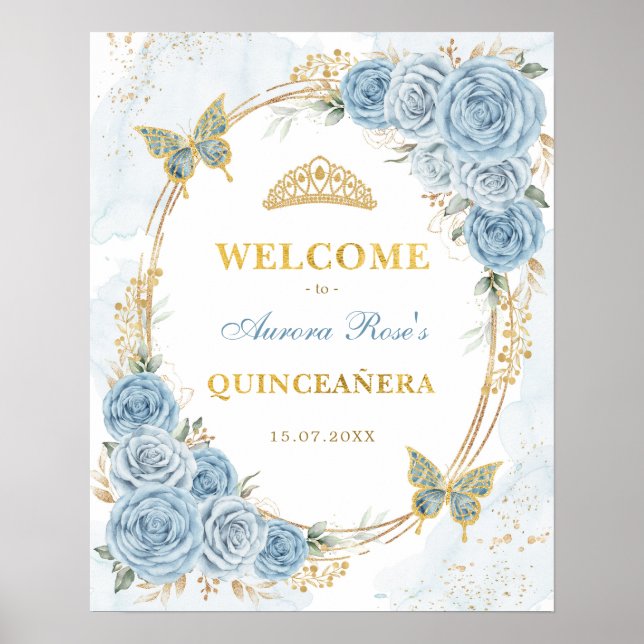 Dusty Blue Gold Quinceanera Mis Quince Willkommen Poster (Vorne)