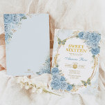 Dusty Blue Gold Rose 16 . Geburtstag Geburtstag Einladung<br><div class="desc">Die perfekte Einladung für die süßen 16 Deiner Tochter ist endlich da! Dieses elegante und moderne Interieur besticht durch elegante, wasserfarbene Baby Blue Rose, einen vergoldeten Glitzer Tiara und zwei süße Schmetterlinge. Klicken Sie auf die Schaltfläche "Weitere Anpassung", wenn Sie den Stil und die Position des Textes neu ordnen und...</div>
