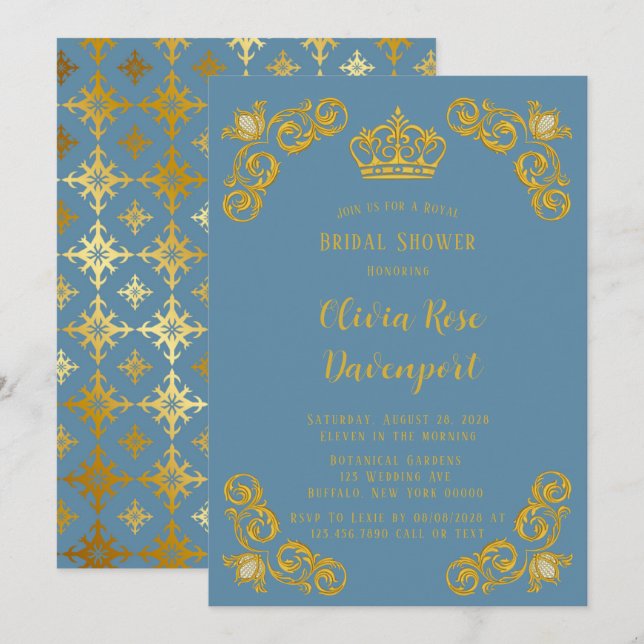 Dusty Blue & Gold Royal Crown Damask Brautparty Einladung (Vorne/Hinten)