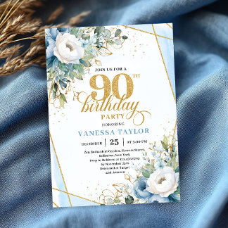 Dusty blue gold script frame modern 90th birthday  einladung