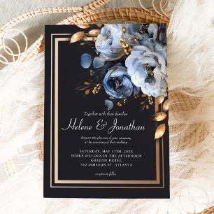 Dusty Blue Gold Wasserfarbe Moderne Elegante Hochz Einladung