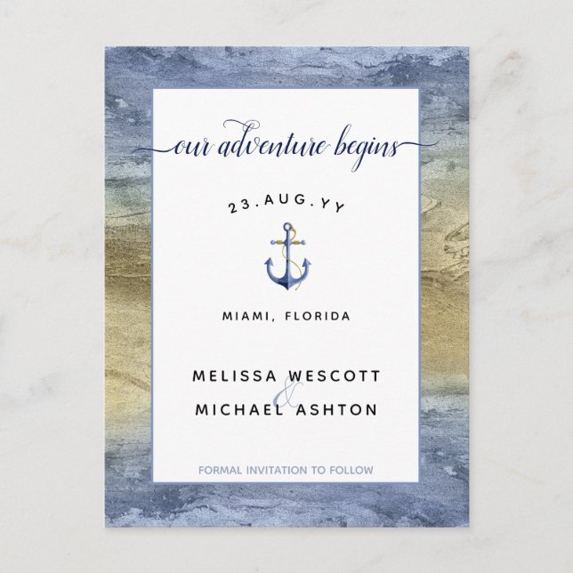 Dusty Blue Gold Watercolor Wedding Save the Date Ankündigungspostkarte (Vorderseite)