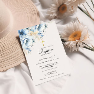 Dusty Blue Gold Wildblume Erste Heilige Taufe Einladung