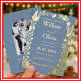 Dusty Blue Gold Wildblume Foto Wedding Folieneinladung