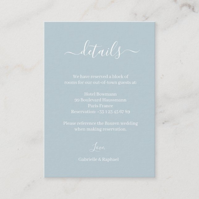 Dusty Blue Gray and White Wedding Hotel - Details Begleitkarte (Vorderseite)
