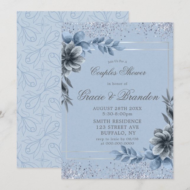 Dusty Blue Gray Blumenpaare Dusche Einladungen (Vorne/Hinten)