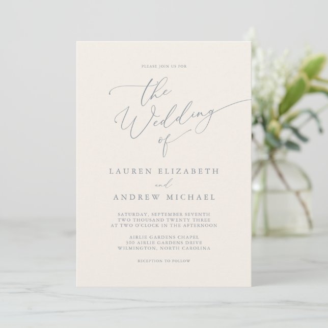 Dusty Blue Gray & Cream Wedding Einladung (Stehend Vorderseite)