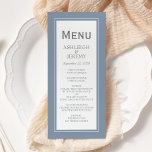 Dusty Blue Gray Moderne Minimalistische Hochzeit Menükarte<br><div class="desc">Dieses schlichte,  minimalistische Design zeigt den Text in grauer Kopperplatte und Serifenart auf einem weißen Rechteck,  gerahmt durch eine dünne weiße Linie auf einem staubblauen Hintergrund. Das Gegenteil ist solide staubig blue.</div>