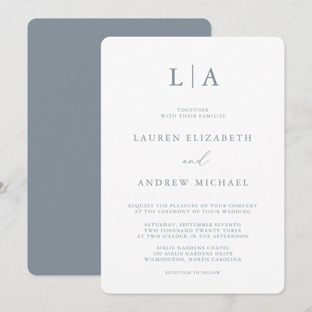Dusty Blue Gray Monogram Simple Minimalistisch Wed Einladung (Vorne/Hinten)
