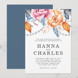 Dusty Blue Gray Orange Watercolor Floral Wedding Einladung