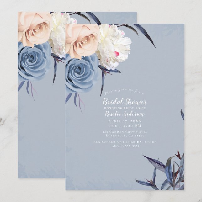 Dusty Blue Gray & Peach Floral Brautparty Einladung (Vorne/Hinten)