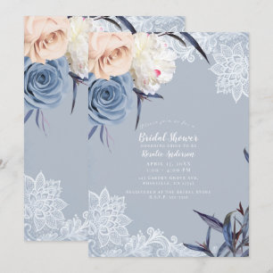 Dusty Blue Gray & Peach Floral Lace Brautparty Einladung