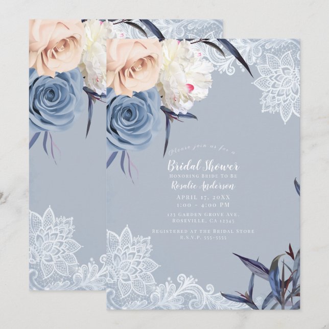 Dusty Blue Gray & Peach Floral Lace Brautparty Einladung (Vorne/Hinten)