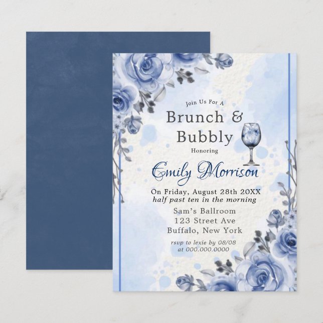 Dusty Blue Gray Peony Brunch & Bubbly Einladung (Vorne/Hinten)