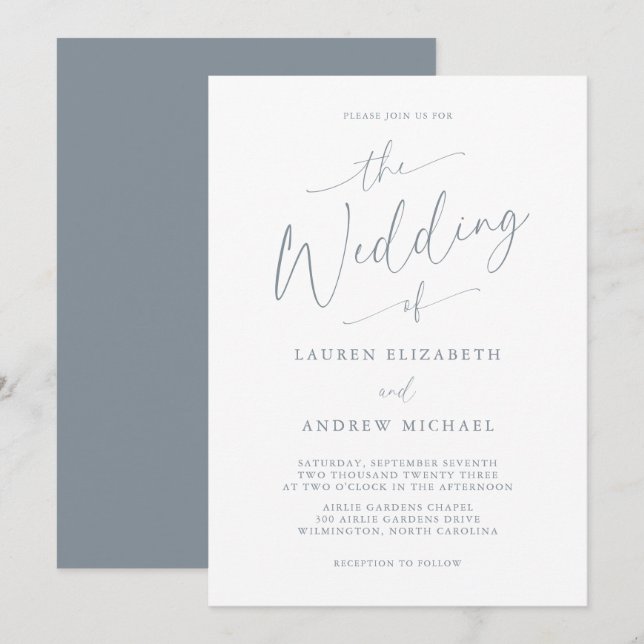 Dusty Blue Gray Romantische Hochzeit Einladung (Vorne/Hinten)