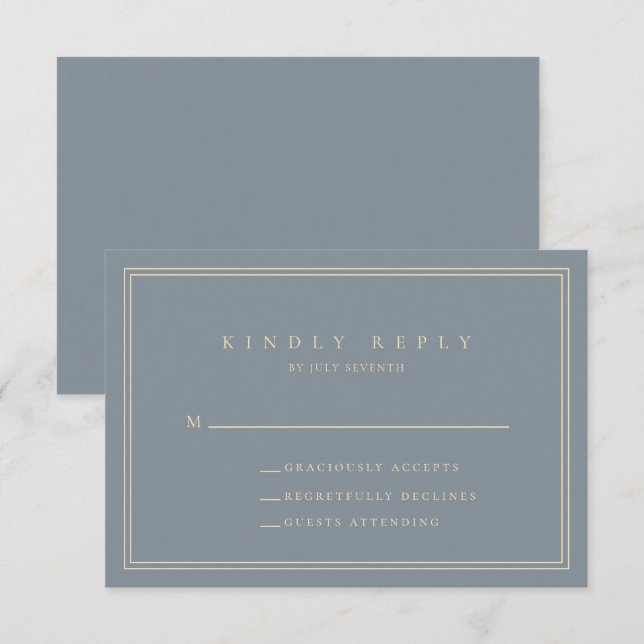 Dusty Blue-Gray und Gold Moderne Minimalistische H RSVP Karte (Vorne/Hinten)