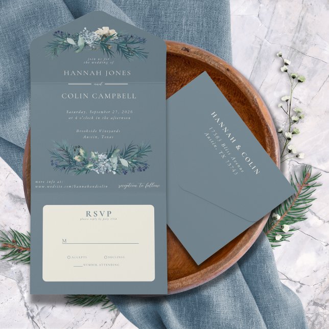Dusty Blue Gray Winter Floral Wedding All In One Einladung (Von Creator hochgeladen)