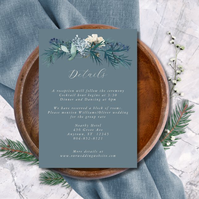 Dusty Blue Gray Winter Floral Wedding Begleitkarte (Von Creator hochgeladen)