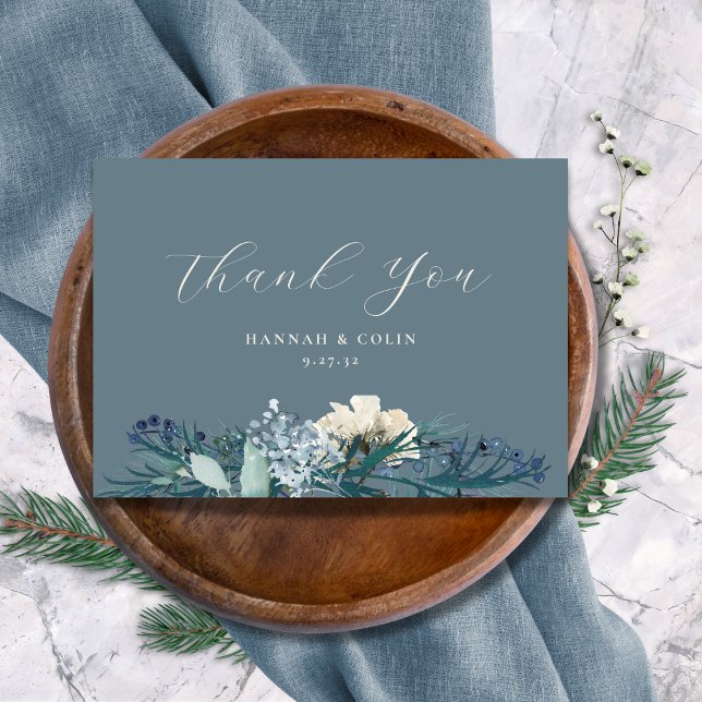 Dusty Blue Gray Winter Floral Wedding Dankeskarte (Von Creator hochgeladen)