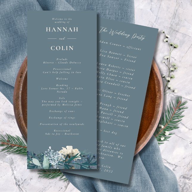 Dusty Blue Gray Winter Floral Wedding Programm (Von Creator hochgeladen)