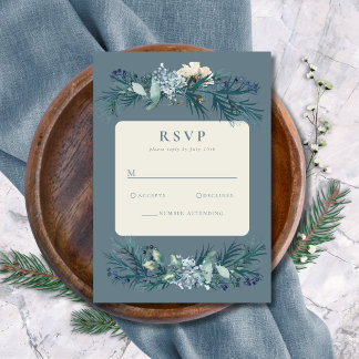 Dusty Blue Gray Winter Floral Wedding RSVP Karte