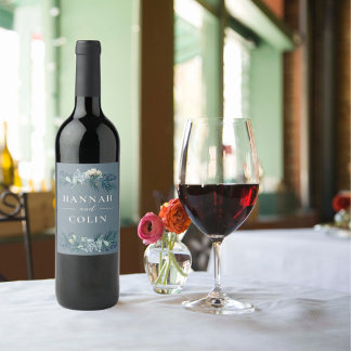 Dusty Blue Gray Winter Floral Wedding Weinetikett