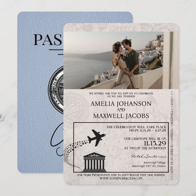 Dusty Blue Greece Passport Hochzeitseinladung Einladung (Vorne/Hinten)
