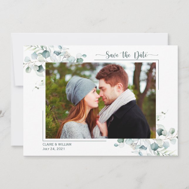Dusty Blue Green Blätter Wedding Save the Date (Vorderseite)