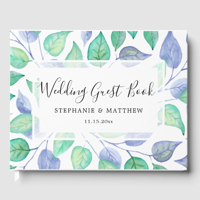 Dusty Blue Green Leaf Wasserfarbe bemalt Hochzeit Gästebuch (Vorderseite)