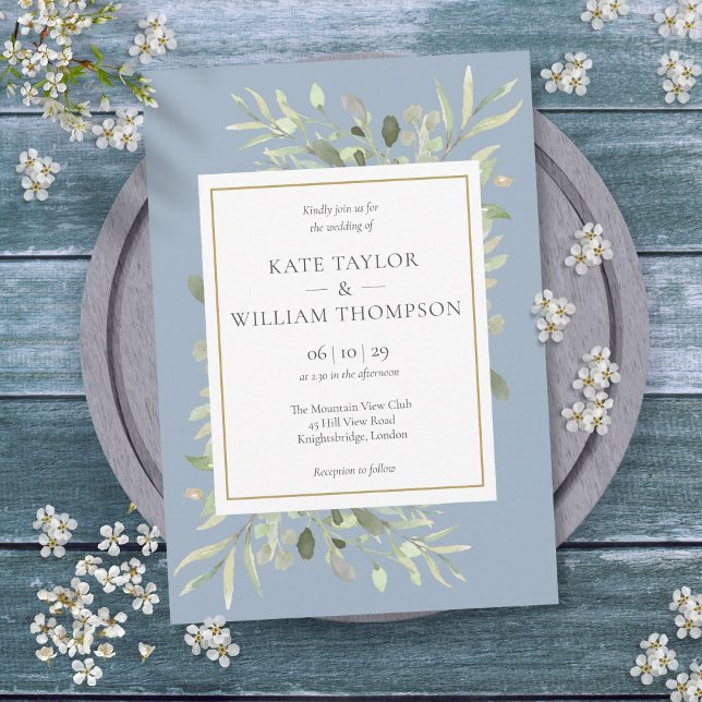 Dusty Blue Greenerage Foliage Bloral Wedding Einladung (Dusty Blue Greenery Foliage Floral Wedding Invitation)