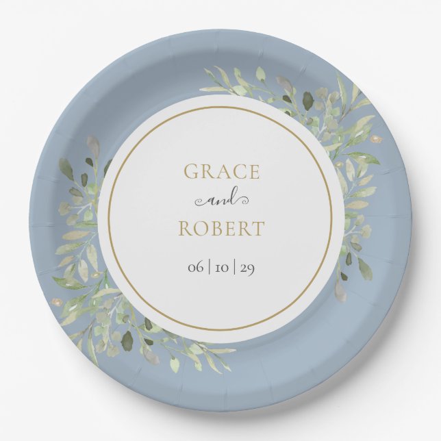 Dusty Blue Greenerage Foliage Gold Wedding Pappteller (Vorderseite)