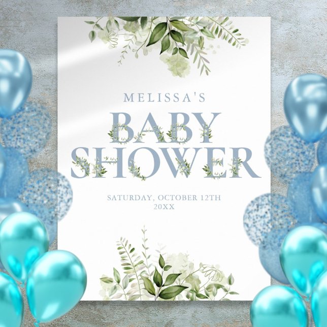 Dusty Blue Greenerenerity Letter Baby Duwer Sign Poster (Dusty Blue Greenery Letter Baby Shower Sign)