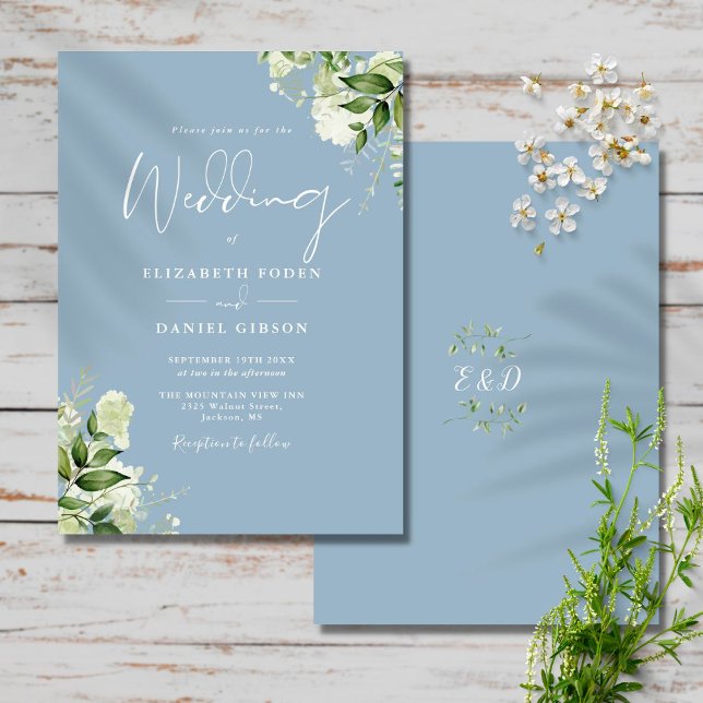 Dusty Blue Greenerity Blätter Monogram Wedding Einladung (Von Creator hochgeladen)