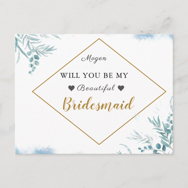 Dusty Blue Greenerity Blätter Wedding Bridesmaid Einladungspostkarte (Vorderseite)
